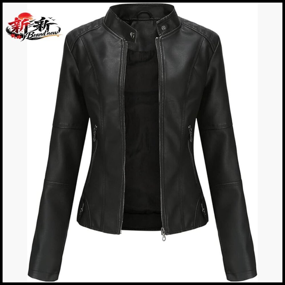 Faux Leather Bomber Jacket Women's Belted Motorcycle Jacket - Picture 1 of 7